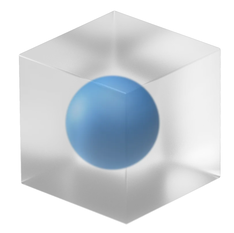 Abstract 3d graphic of semi transparent cube with the ball inside it colored in brand colors