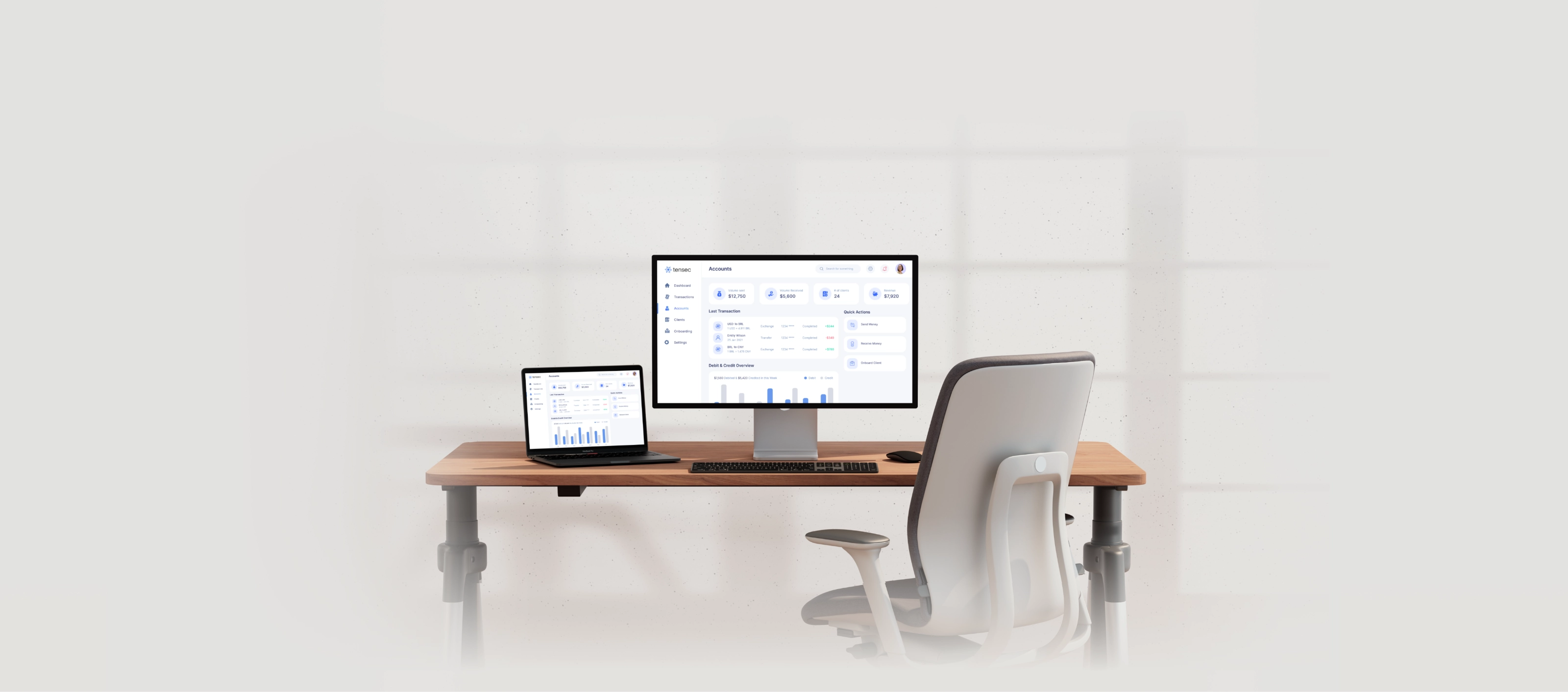 Graphic visual of a modern desk, with two displays showcasing Tensec dashboard UI.